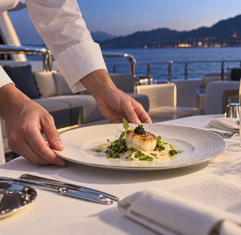 Chef placing a plated scallop with caviar on a yacht deck at dusk